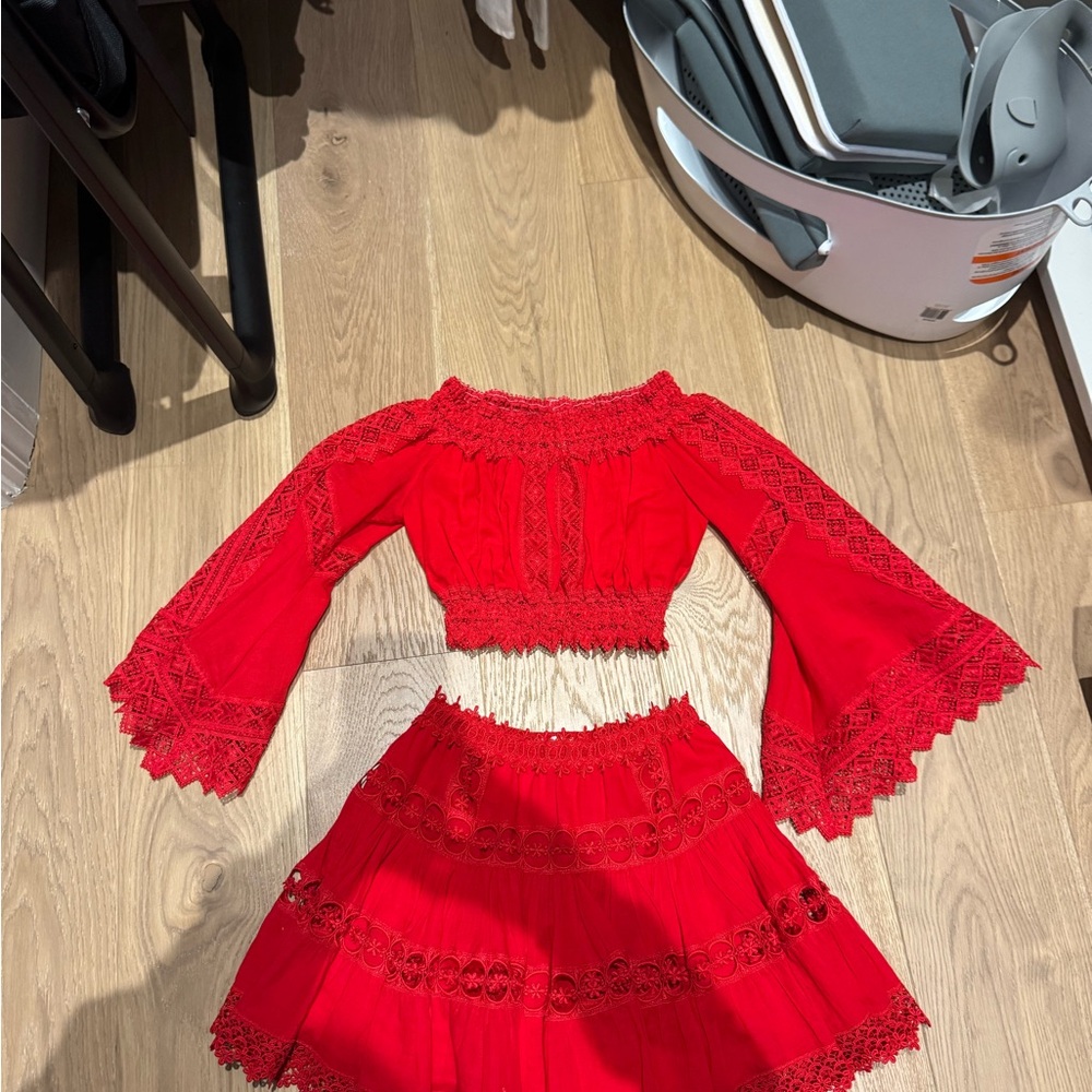 Charo Ruiz Red Lace Mini Skirt Set